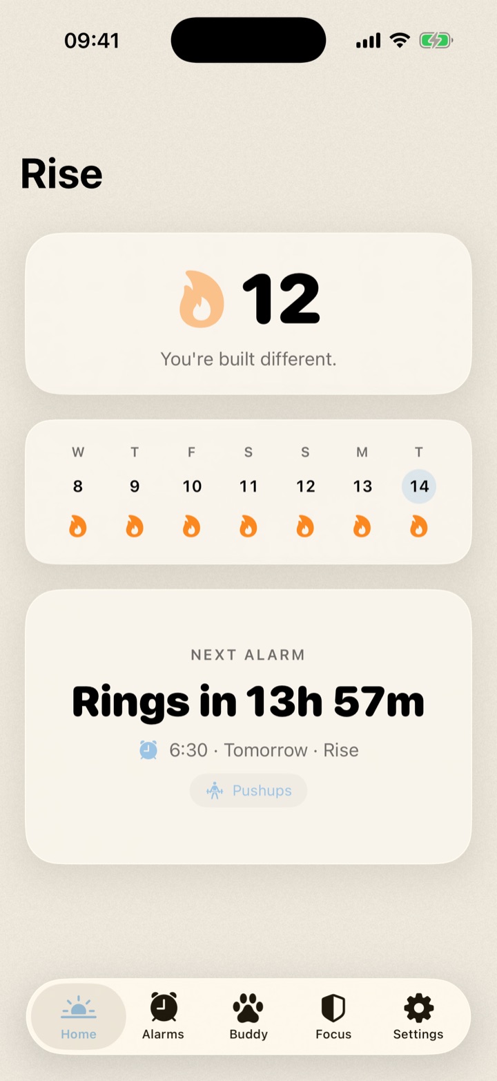 Rise home screen: a 12-day streak, a week of flames, and the next alarm ringing in 13 hours 57 minutes
