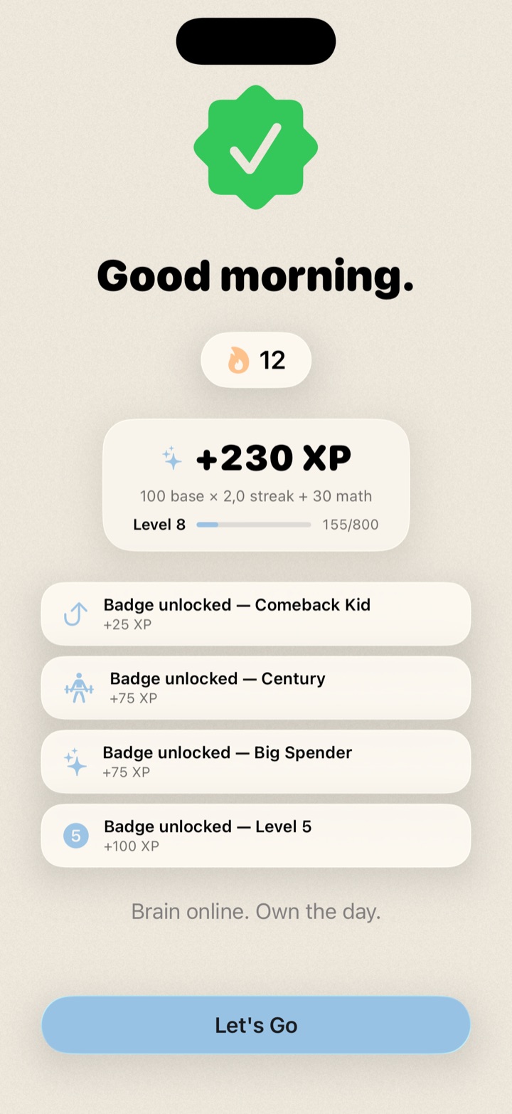 Rise success screen: Good morning, +230 XP with a 2× streak multiplier, and four freshly unlocked badges